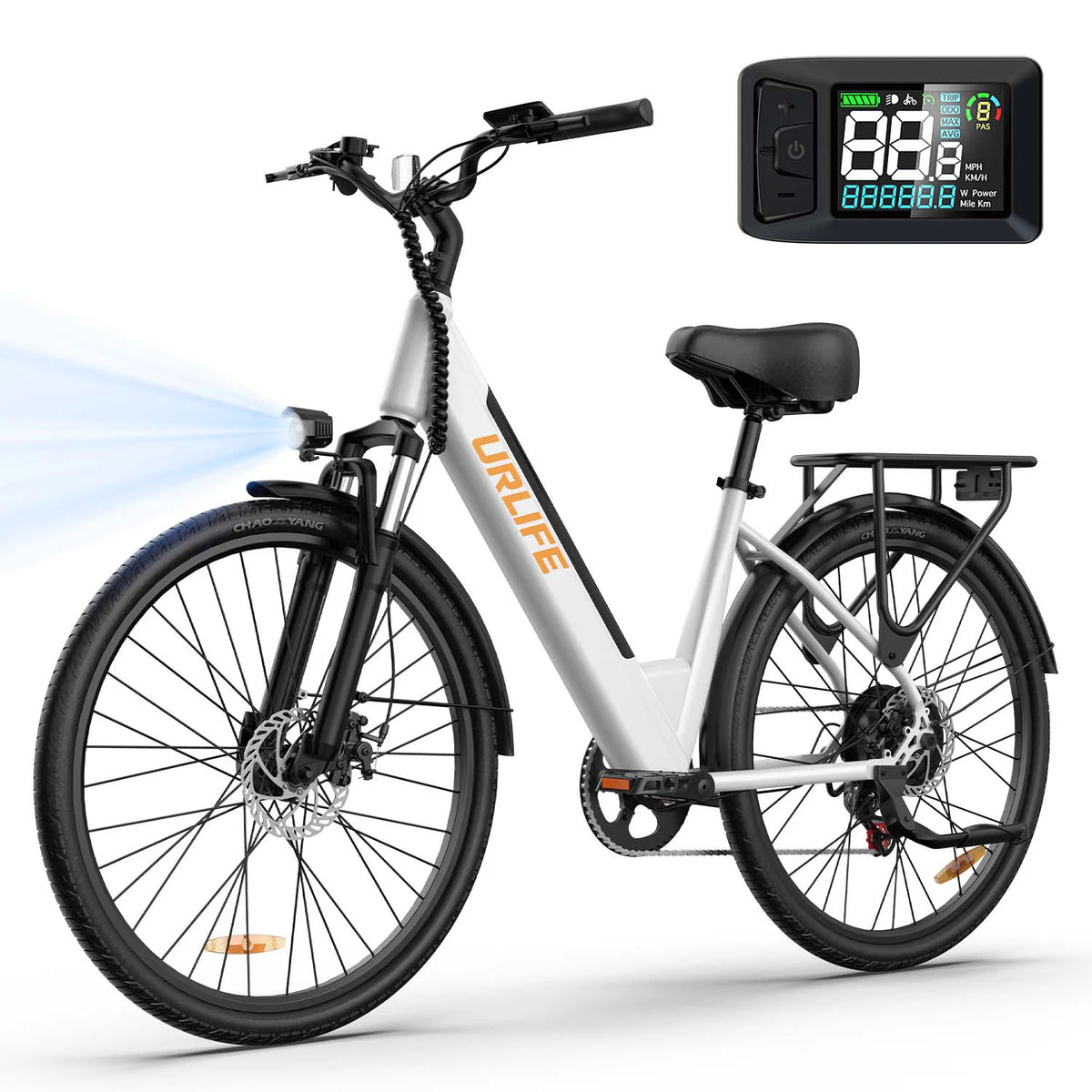 Bicicleta Eléctrica URLIFE E26 - Motor 250W Batería 36V 13Ah Neumáticos de 26 Frenos de Disco - Blanco