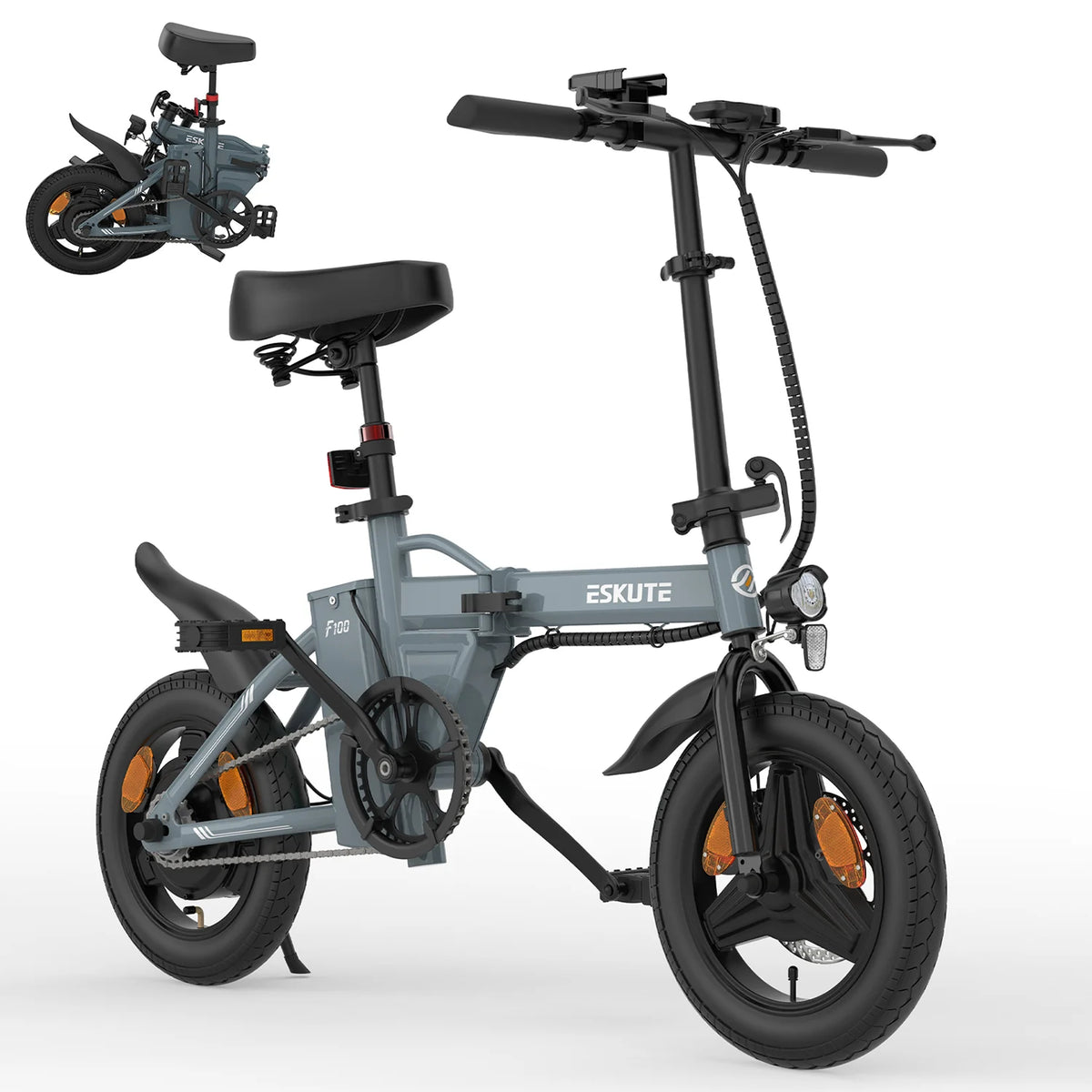 Bicicleta eléctrica ESKUTE F100 de 14 pulgadas, motor de 250 W, batería de 36 V 9 AH y frenos de disco mecánicos - Gris