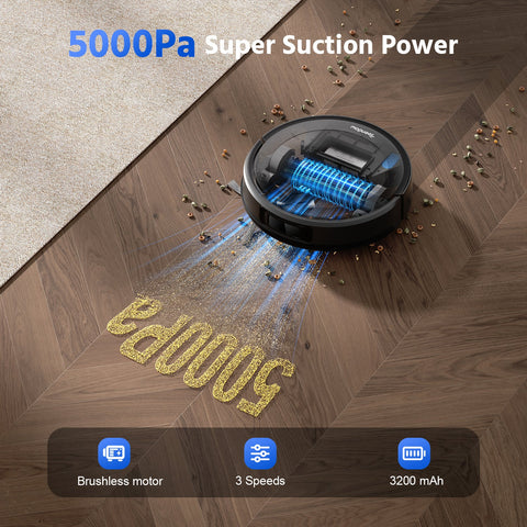 Aspiradora robot Teendow D10S Plus - 5000 Pa de potencia de succión, batería de 3200 mAh, depósito de 300 ml, 180 minutos de autonomía, 70 dB de silencio - Negra