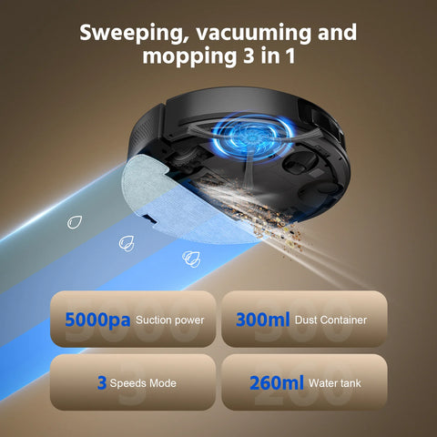 Aspiradora robot Teendow D10S Plus - 5000 Pa de potencia de succión, batería de 3200 mAh, depósito de 300 ml, 180 minutos de autonomía, 70 dB de silencio - Negra