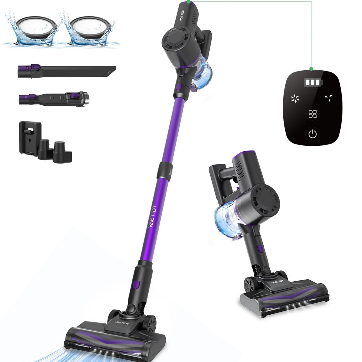 Vactidy V8 Pro Aspiradora Mano – 25000Pa Potencia de Succión 35 Min de Autonomía 66dB de Ruido 2200mAh de Batería - Negro morado