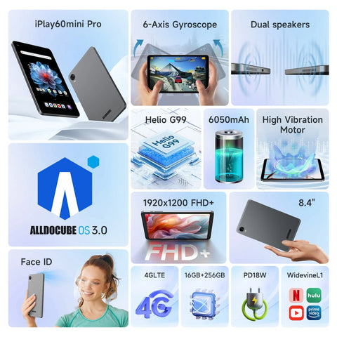 Tablet Alldocube iPlay 60 Mini Pro - Pantalla 8.4 Pulgadas 8GB+256GB Procesador Helio G99 Batería 6050mAh Android 14 - Gris