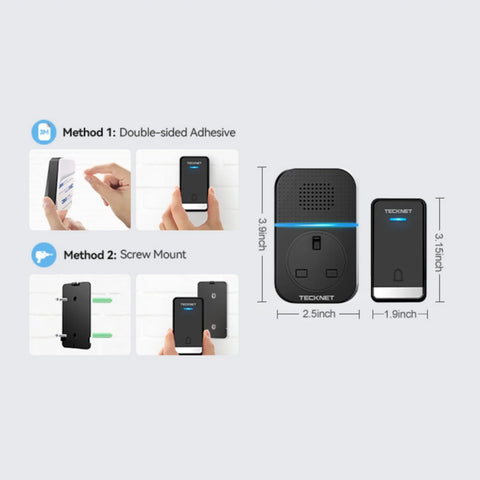 TECKNET TK-WD002 Timbre inalámbrico duradero 60 tonos - 5 niveles de volumen - Negro