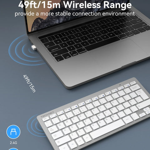 TECKNET X315 Teclado Inalámbrico Ergonómico - 2.4GHz - 78 Teclas  -Silencioso  - Plateado