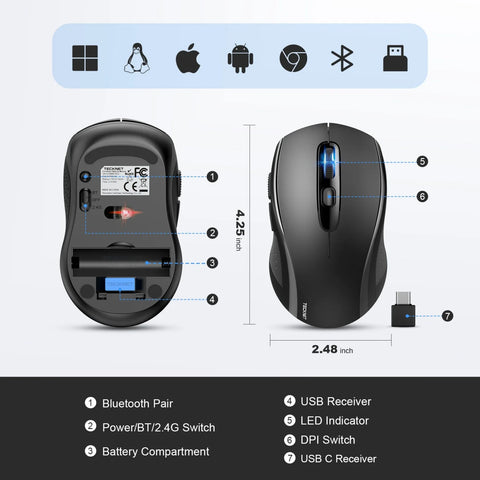 TECKNET EWM01832 Ratón Ergonómico - Inalámbrico 6 DPI Bluetooth/USB - Negro