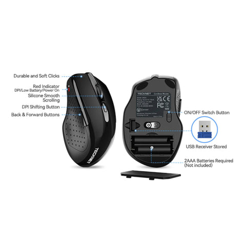 TECKNET M003 Ratón - inalámbrico ergonómico silencioso -recargable 6 DPI - Negro