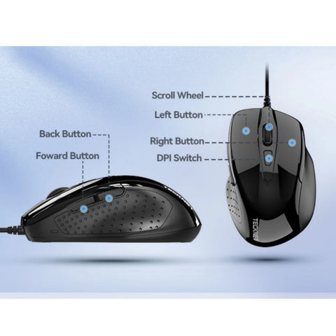 TECKNET UM013 Ratón Ergonomico Silencioso - 4 Niveles DPI Cable USB - Negro
