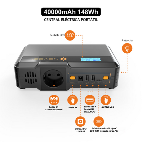Power Bank NOVOO SPS100 - 100W, 148Wh, Carga rápida Type-C PD 60W - Batería portátil