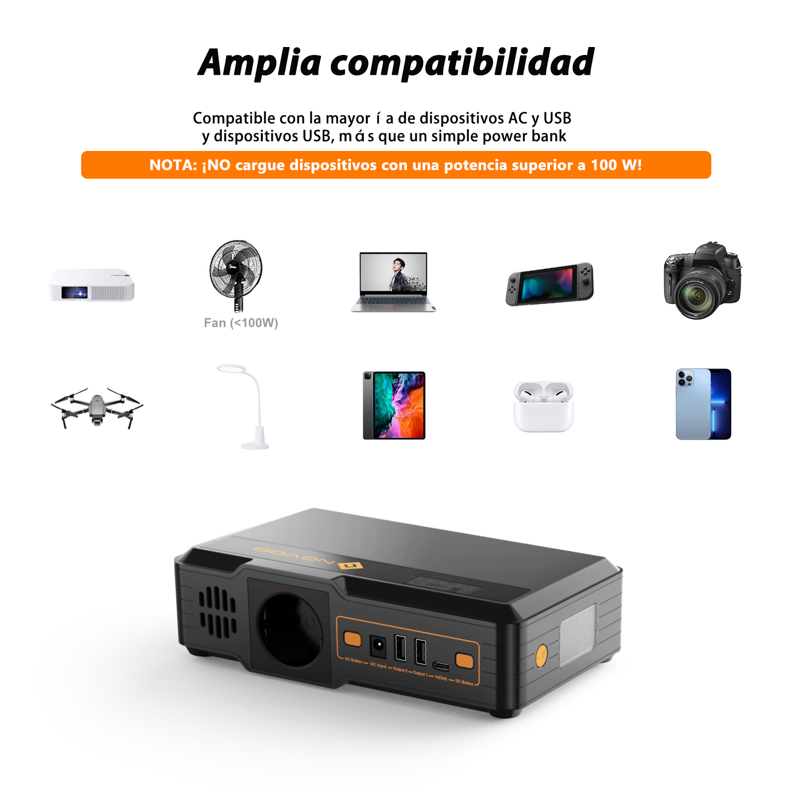Power Bank NOVOO SPS100 - 100W, 148Wh, Carga rápida Type-C PD 60W - Batería portátil
