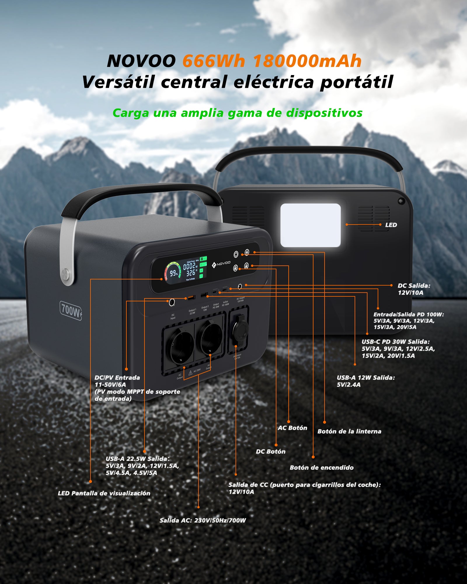 Power Bank NOVOO RPS700 - 700W, 666Wh, Carga rápida Type-C PD 100W - Batería portátil