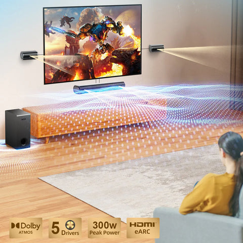Hiwill A41 Barra de Sonido - 300W de Potencia Subwoofer de 5.25” Con Cable 2 Altavoces Surround - Negro