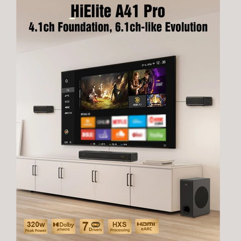 Hiwill A41 Pro Barra de Sonido - 4.1 320W Dolby Atmos Con Subwoofer 5.25" 2 Altavoces Surround - Negro