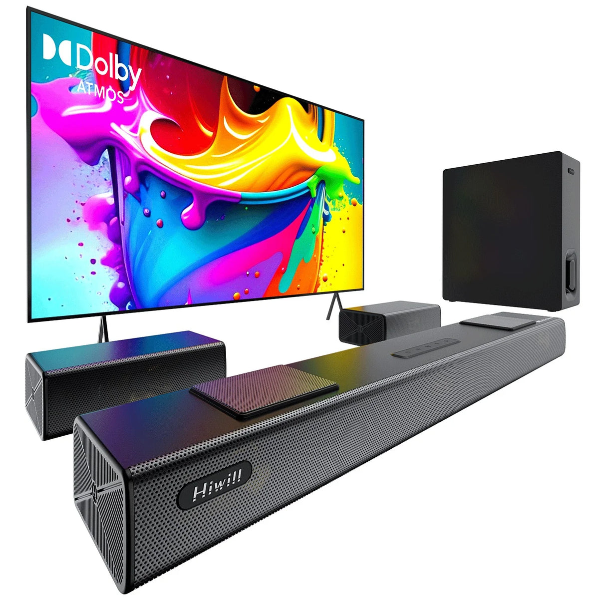 Barra de Sonido Hiwill A512 - 5.1.2CH 450W Dolby Con Subwoofer 6.5" y Altavoces - Negro