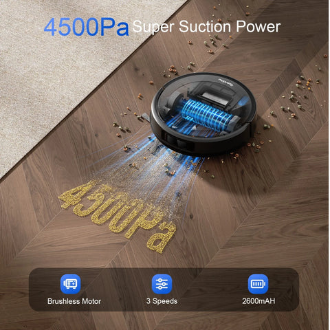 Teendow D10S MAX Robot Aspirador - 4500Pa 2600mAh Autonomía 180min 70dB 300ML+260ML Limpieza Eficaz - Negro